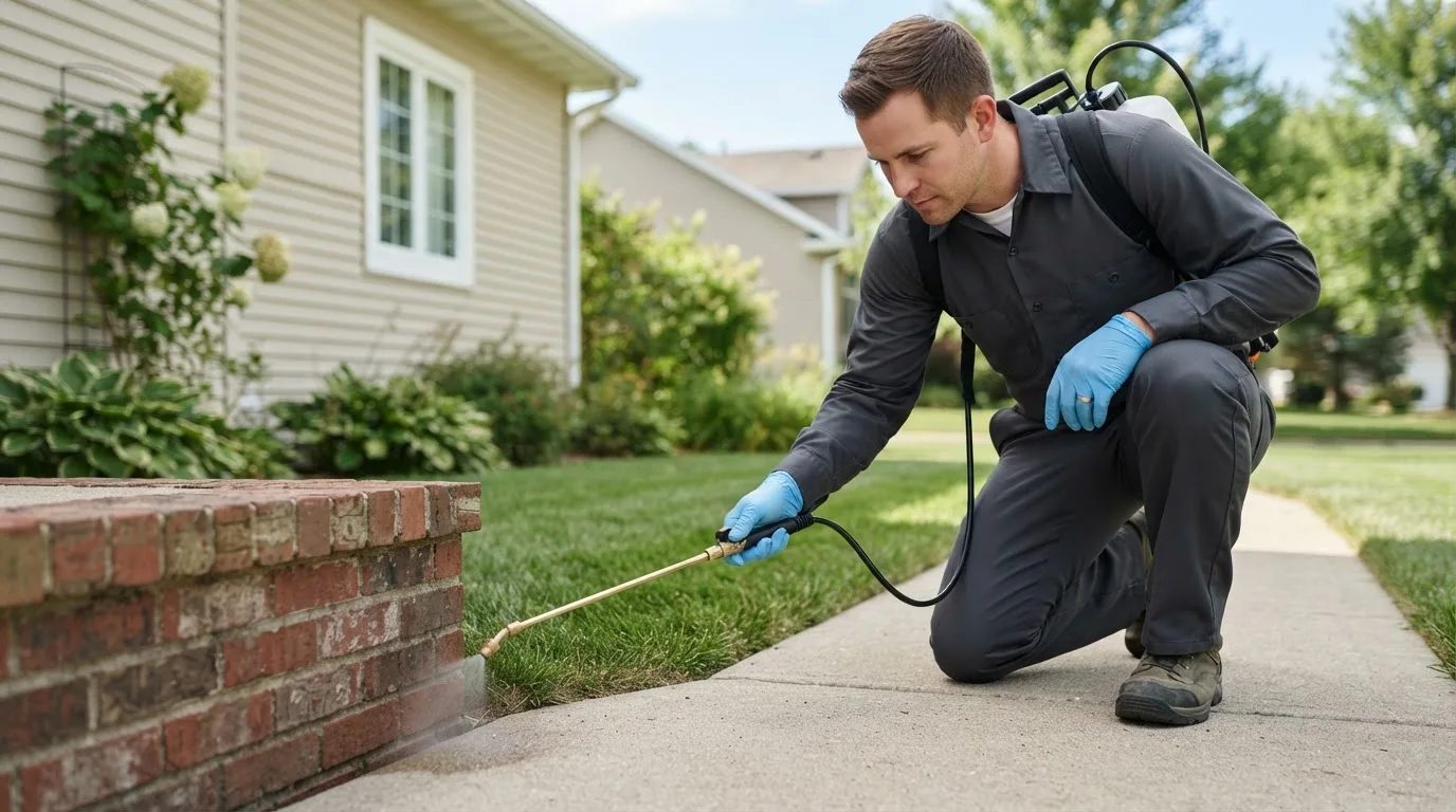 Pest control technician treating a home near Winn, MI