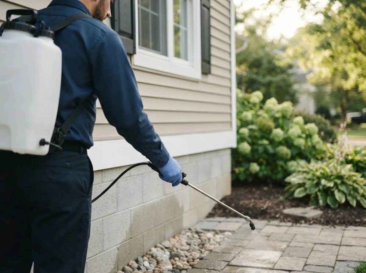 Pest control technician inspecting a home in Winn, MI